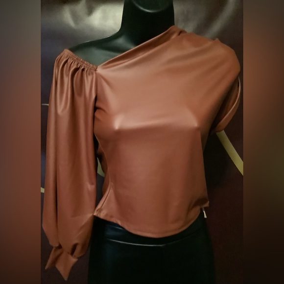 Women's Chestnut Delight One Shoulder Puff Sleeve Top - Picture 4 of 5